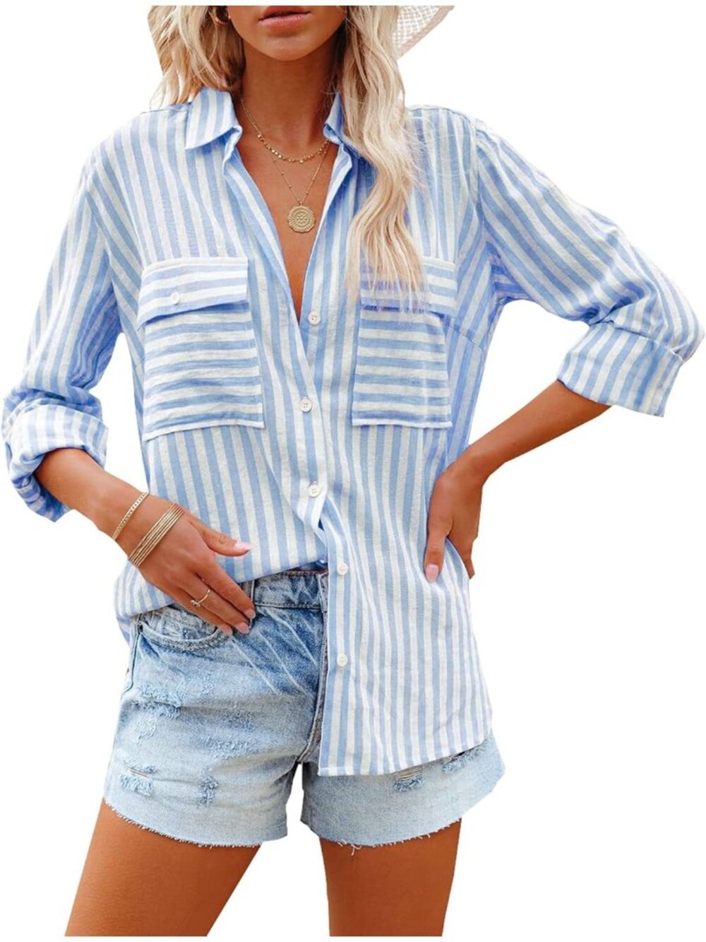 🆕Women's Blue Long Sleeve Button Down V Neck Casual Imported Blouses Shirts